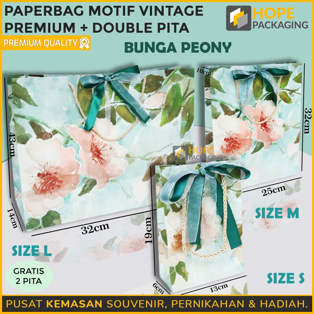 Paper Bag Motif Vintage Premium + Double Pita Warna Hijau / Pink / paperbag Ungu Motif Bunga peony Abstrak Pink Gold