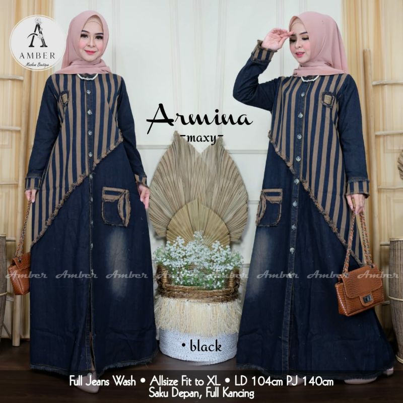 armina gamis wanita dewasa jeans wash motif garis terlaris