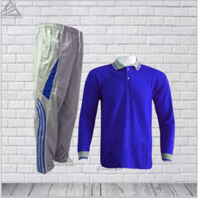 SETELAN KAOS KERAH ABU LENGAN PANJANG PRIA WANITA SETELAN TRAINING BAJU KERAH TANGAN PANJANG POLOS B