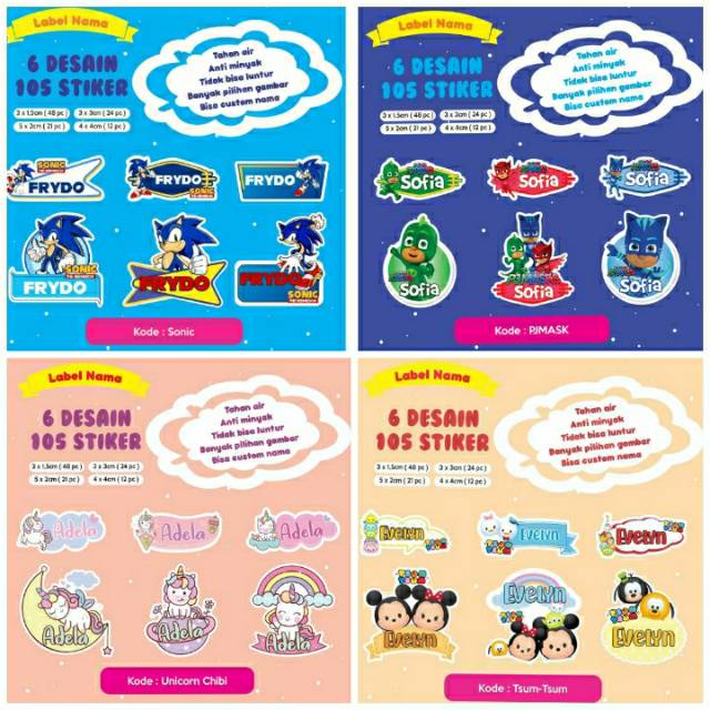 

Stiker / Label Nama 105 buah SONIC,PJMASK,UNICORN CHIBI,TSUM TSUM