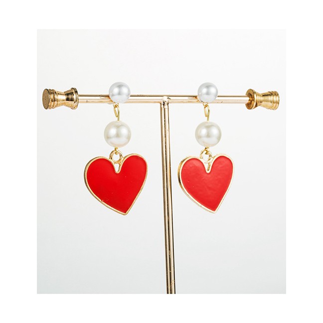 LRC Anting Tusuk Fashion Red Love Artificial pearl Earrings D44790