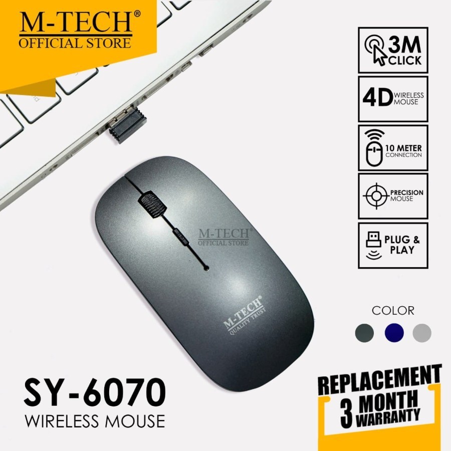 Mouse wireless m-tech 2.4ghz optical 4d slim silent 1600dpi for pc laptop tv sy-6070 original