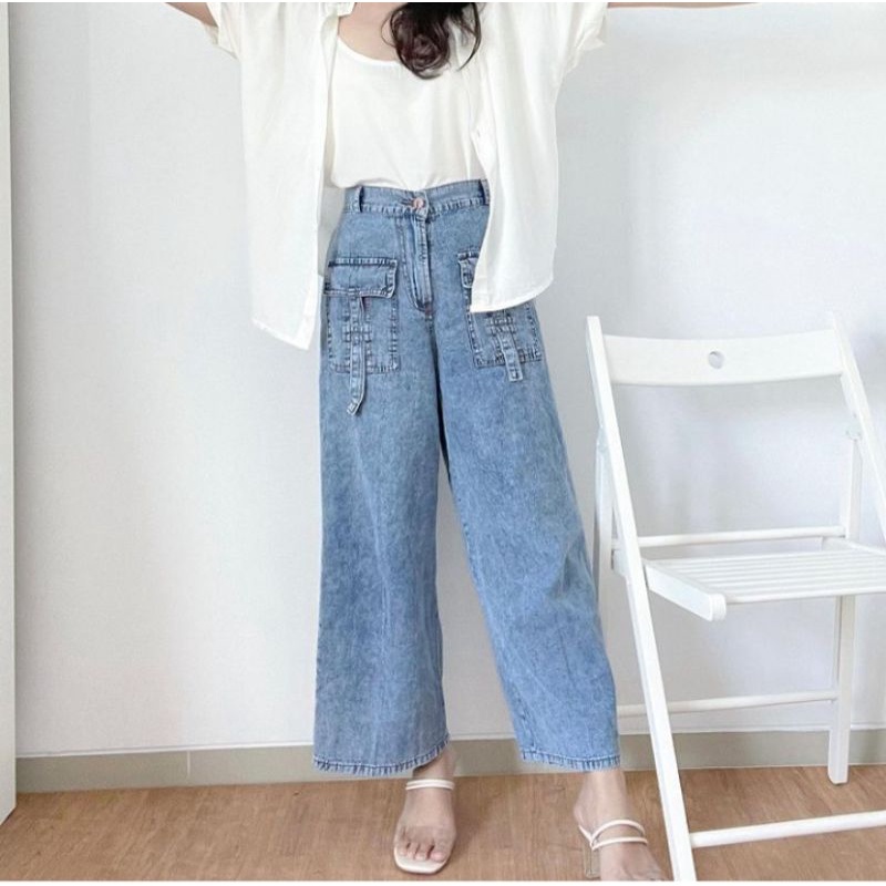 Celana Wanita Kulot Jeans Highwaist Pinggang Karet Korean Style Ootd Fashion Remaja Kekinia