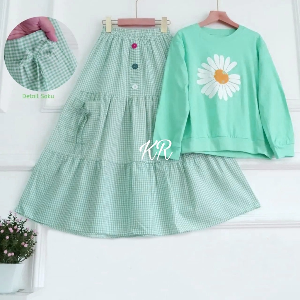 4 UKURAN S M L XL SET SENJA KID SETELAN ROK KOTAK PAKAIAN ANAK PEREMPUAN BABYTERRY KR ADA VIDEO REAL PICT