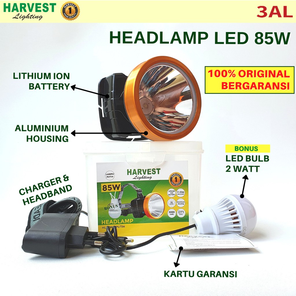 85W Headlamp HARVEST LIGHTING Senter Kepala LED 3000Mah Lampu Emergency Travel Hunting Rechargeable Original Berkualitas Bergaransi
