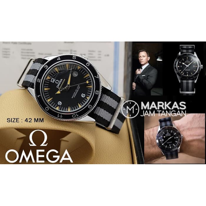 Jam Tangan Pria Omega 007 Seamaster Date Black Strip Grey Canvas Wtch | MRKS