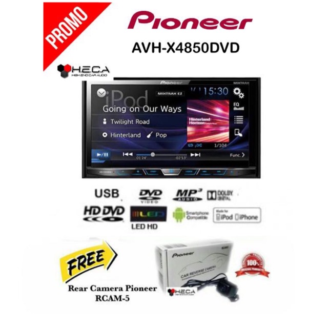 Paket Pioneer AVH-X4850DVD Head Unit Double din Tape Mobil + Rear Camera Pioneer