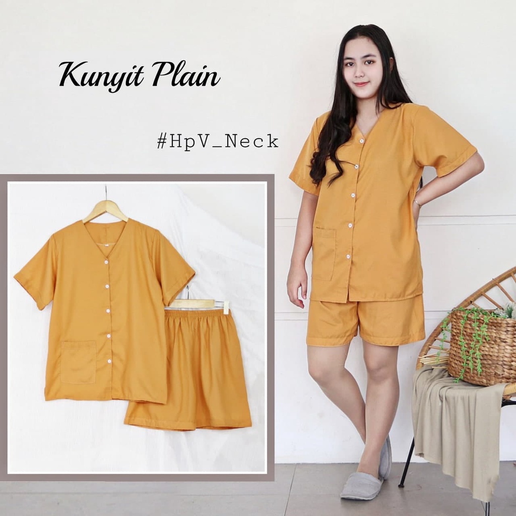 IZANY Piyama Dewasa Hotpant V Neck all size  / HP Celana Pendek  PLAIN Polos-KUNYIT PLAIN
