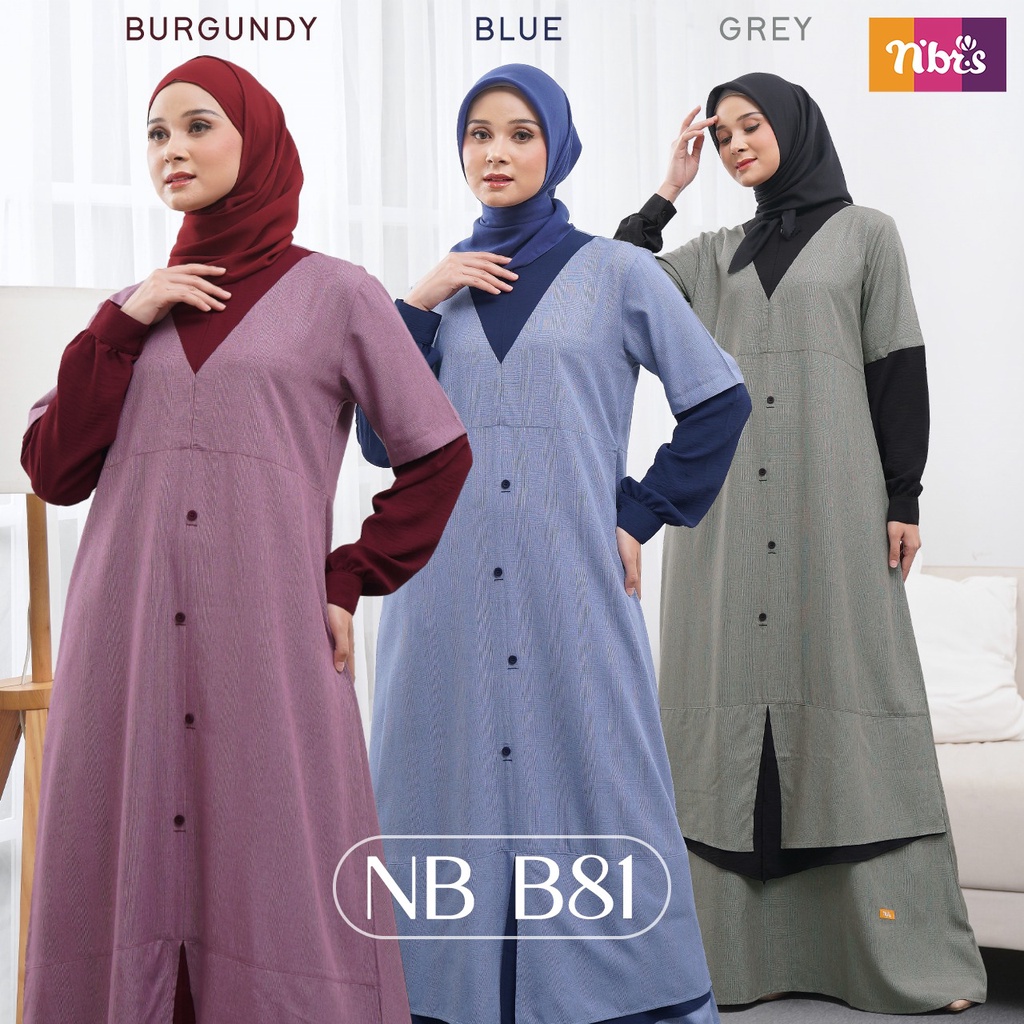 Nibras NB B81 Bahan Ashura mix Cay Airflow Gamis Polos Dengan Kombinasi 2 Warna Simple