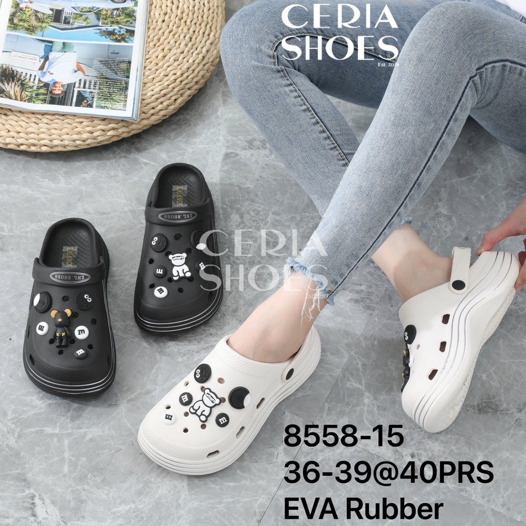 EVA Sandal Slop Wanita Slip On Clog Import Tinggi Tebal 5 Cm Motif Oreo Bear Rubber Super Soft Non-Slip 8558