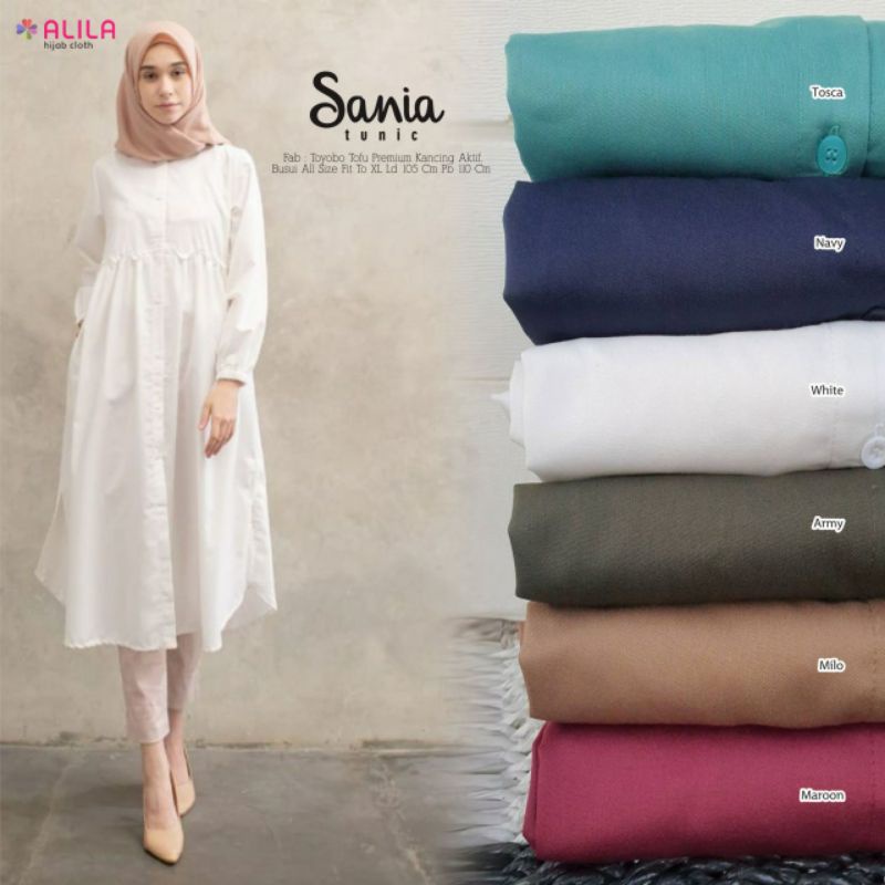 Sania Tunik Putih Panjang Ld 105 Jumbo XL+ Long Tunic Polos Navy Army Milo Tosca By Alila