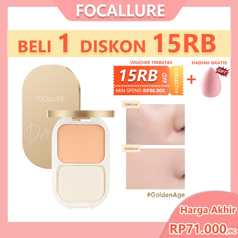 FOCALLURE #GoldenAge Lasting Poreless Bedak Padat Compact Powder Waterproof Matte Pressed Powder- Up to 12 Hours