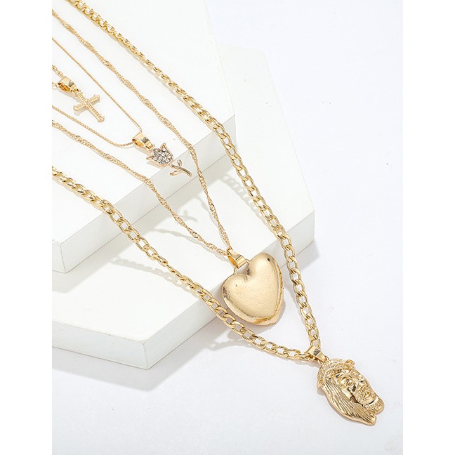 LRC Kalung Fashion Gold Face Flower Love Cross Alloy Multi-layer Necklace D19392