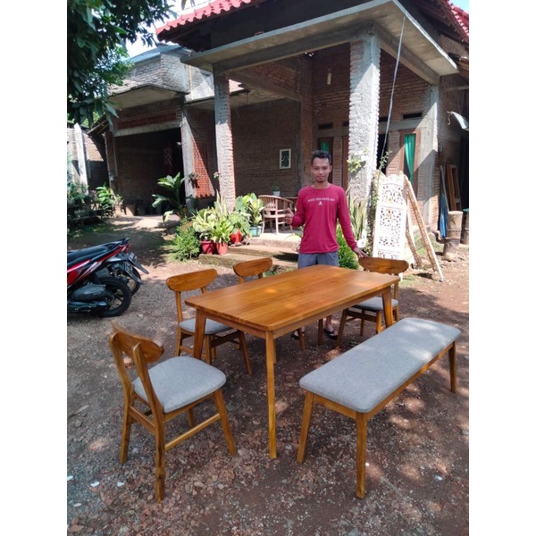Set meja makan ropan + bangku kayu jati