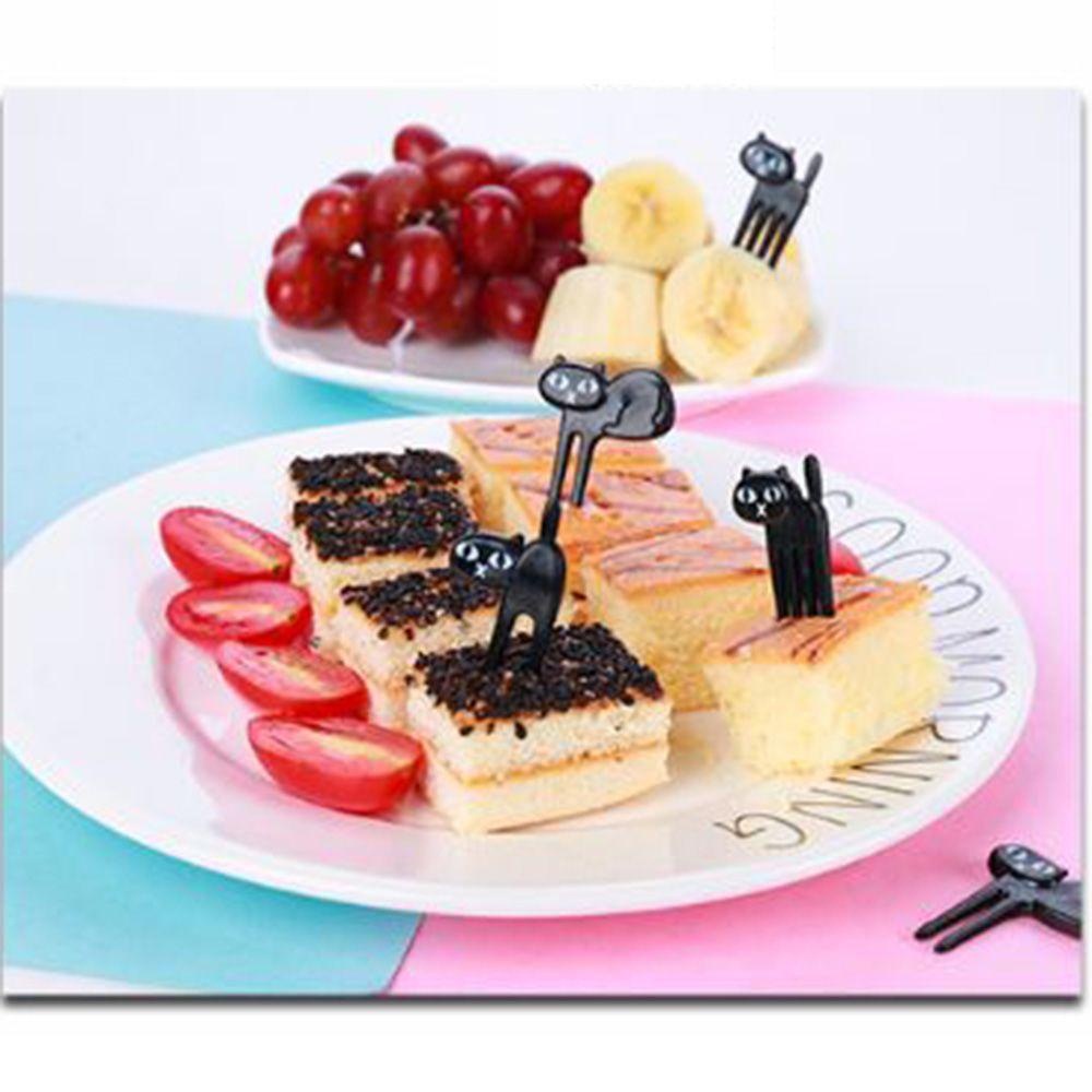 Solighter 6pcs Garpu Buah Desain Kartun Kucing Hitam Untuk Dekorasi Bento