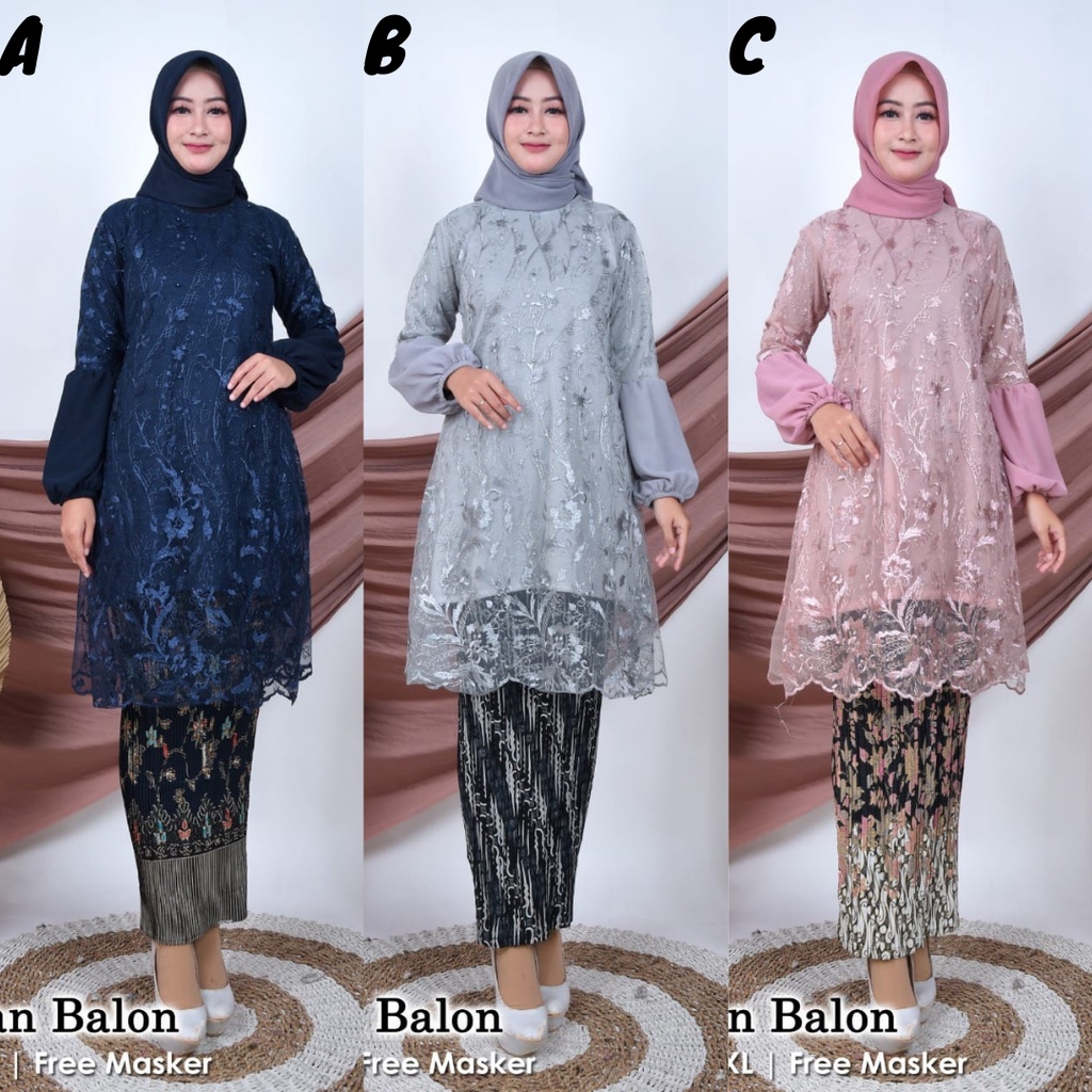 Setelan Kebaya Modern Tunik Tulle Tangan Balon Aneka Pilihan Warna