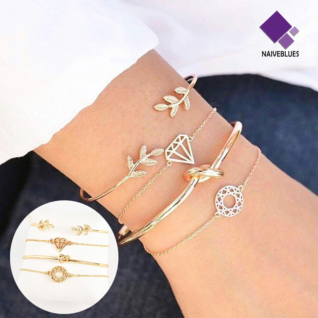 Naiveblue 4Pcs / Set Gelang Tangan Wanita Model Terbuka Adjustable Untuk Pesta / Hadiah