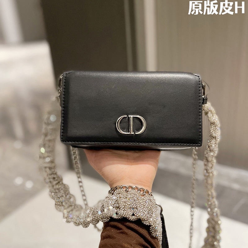original Dior    Mini Small Square Bag Solid Color Leather Cd Logo Womens Diamond Chain Bag