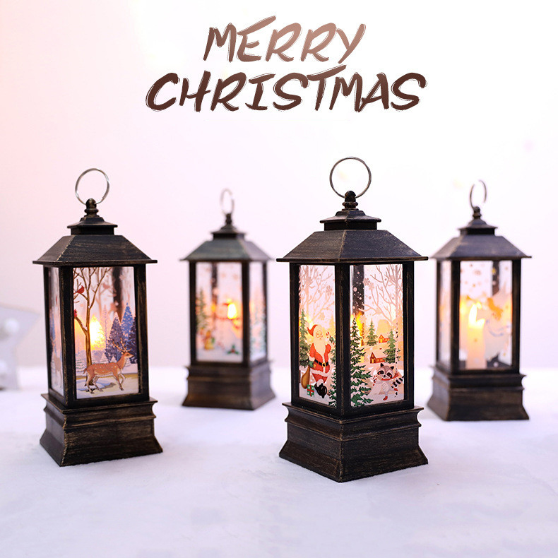 New Year Christmas LED Light Lamp Candle Cage/Portable Xmas Oil Lamp Party Decoration/Santa Claus Elk Print Candlestick