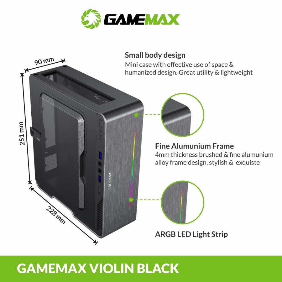 GameMax Violin Black Ultra Slim Mini-ITX PC Case with LED Rainbow