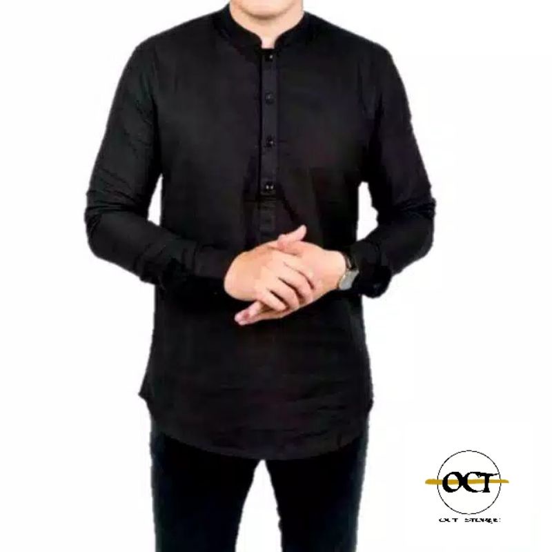 Baju Koko Kurta Polos Pria Dewasa Lengan Panjang Material Katun TOYOBO RM Size M L XL Varian Maroon-Black