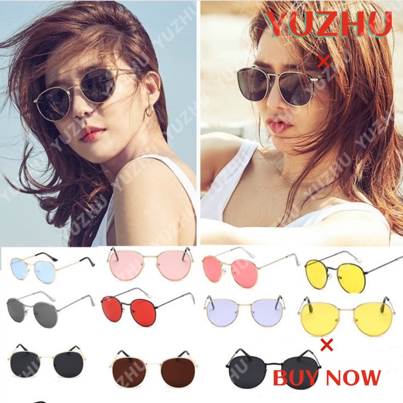 (YUZHU) Bayar di Tempat Kacamata Hitam Unisex Korean Desgin Besi Frame Round Sunglasses Women/Men