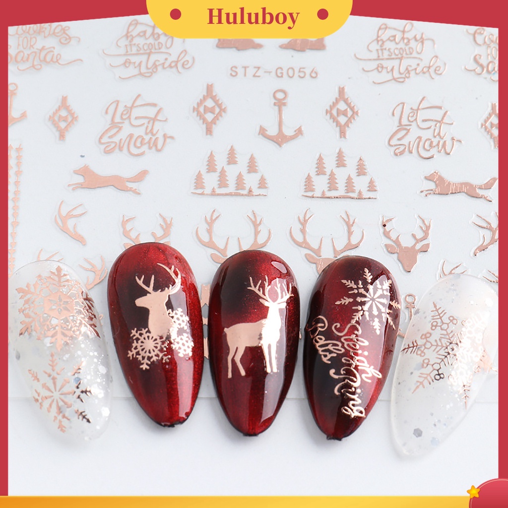 Huluboy Huluboy♡ 3pcs Stiker Kuku Motif Snowflake / Rusa Natal Warna Rose Gold Untuk Dekorasi Manicure