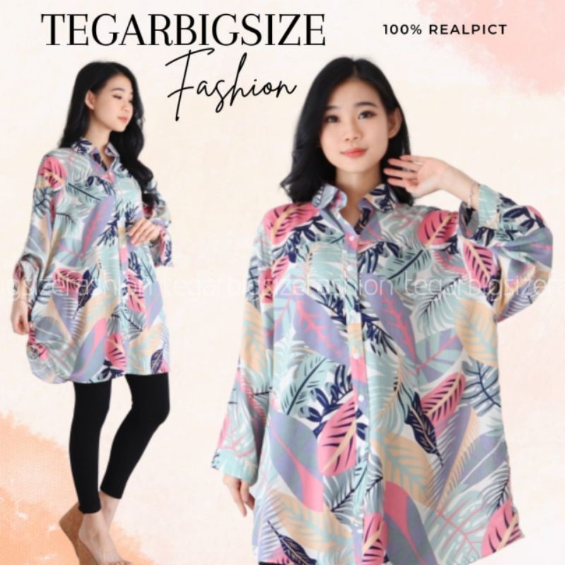 Kemeja Jumbo LD130 Atasan Wanita Big Size Motif Bunga Lengan Panjang Busui