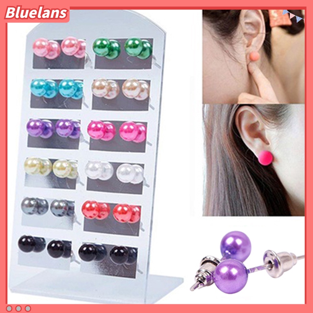 12 Pasang Anting Stud Bentuk Bola Mutiara Tiruan Untuk Wanita