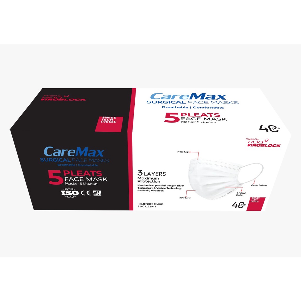Masker CareMax 5 Pleats Surgical HEIQ VIROBLOCK 3 Ply Earloop Face Mask 5 Lipatan 3 Lapis Antivirus 