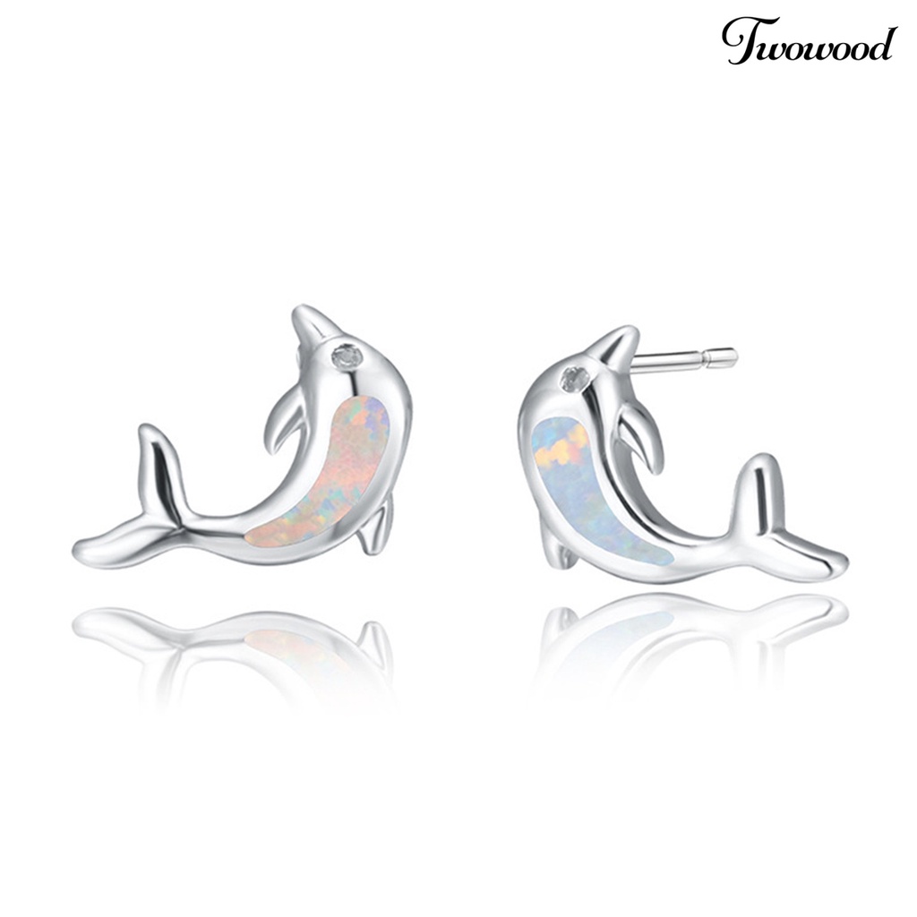 Twowood 1 Pair Lady Ear Studs Dolphin Shape Colored Faux Stone Jewelry Lightweight Cute Animal Stud Earrings for Dating