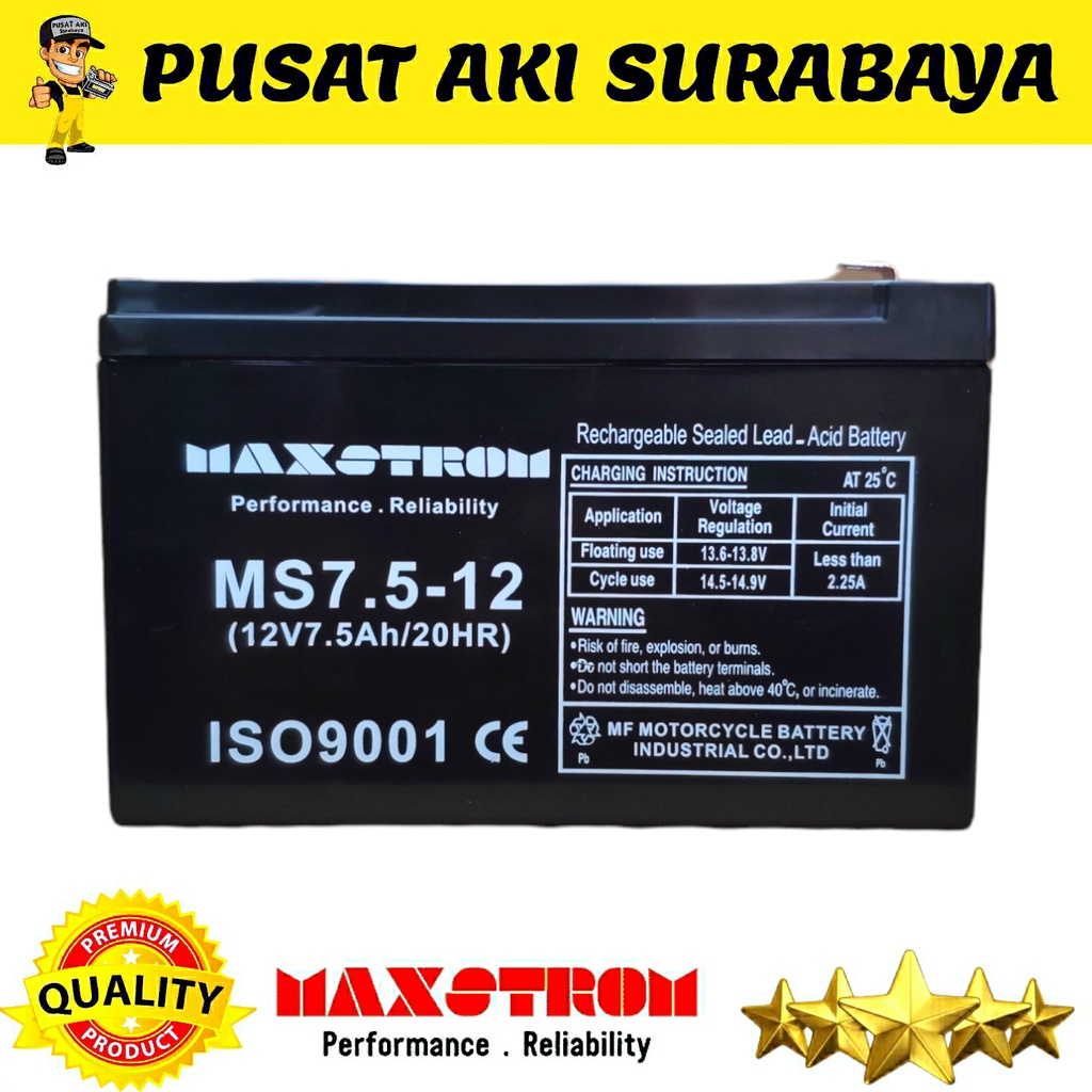 MAXSTROM 12 VOLT 7.5 AMPER ACCU VRLA 12V 7.5Ah MOBIL MOBILAN AKI ANAK BATERAI UPS INVERTER DC TO AC EMERGENCY LAMP YUKITA PMB PLIKO UNIKID AUTO WHEELER