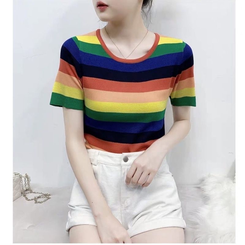 MDLV ~ 2766 RAINBOW KNIT TSHIRT // KAOS RAJUT CEWEK IMPORT // FASHION IMPORT WANITA