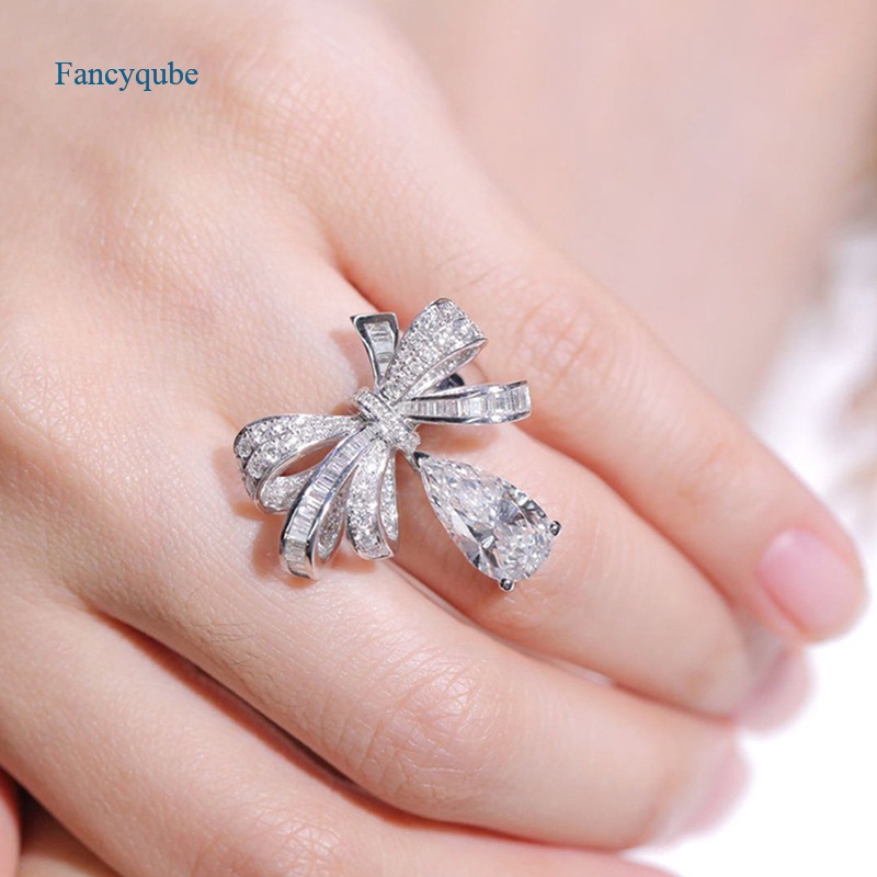 Fancyqube Cincin Wanita Bahan Sterling Silver 925 100% Hias Berlian Bentuk Tetesan Air Untuk Pesta Pernikahan