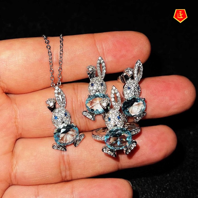 [Ready Stock]Micro-Inlaid Diamond Cute Rabbit Stud Earrings Topaz Pendant Suit