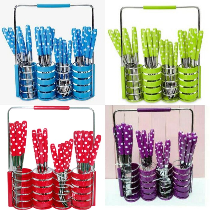 Sendok Set Polkadot Isi 24 Motif Warna Tempat Plastik Sendok dan garpu Makan Set