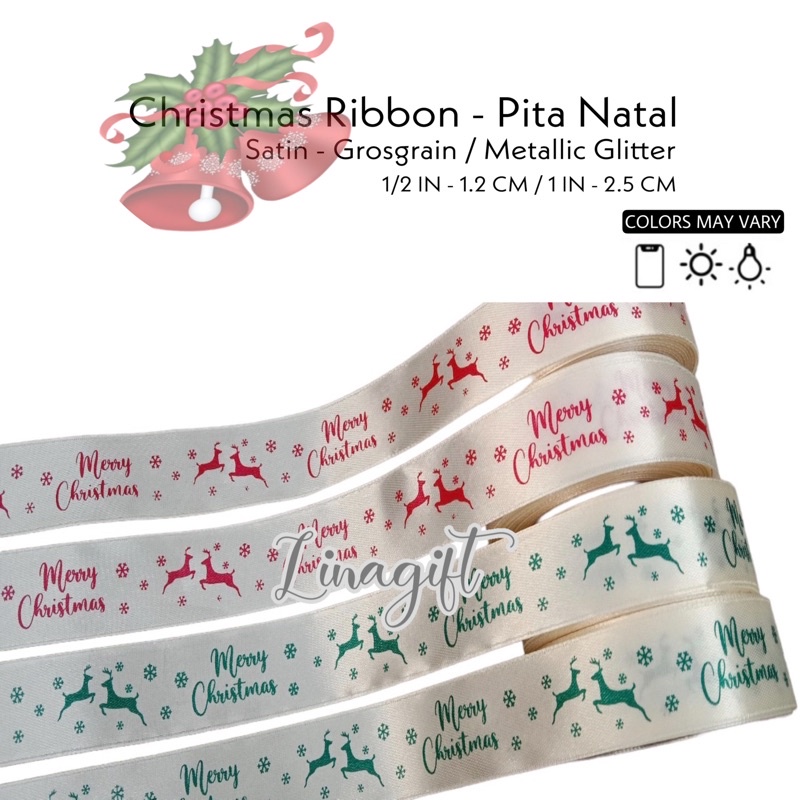 ( Meter ) PITA NATAL - PITA KADO SATIN GROSGRAIN GLITER EMAS 1IN 0.5INCH 2.5CM 4CM - PITA MERAH RED 20MM 25MM 40MM XMAS GOLD MERRY CHRISTMAS