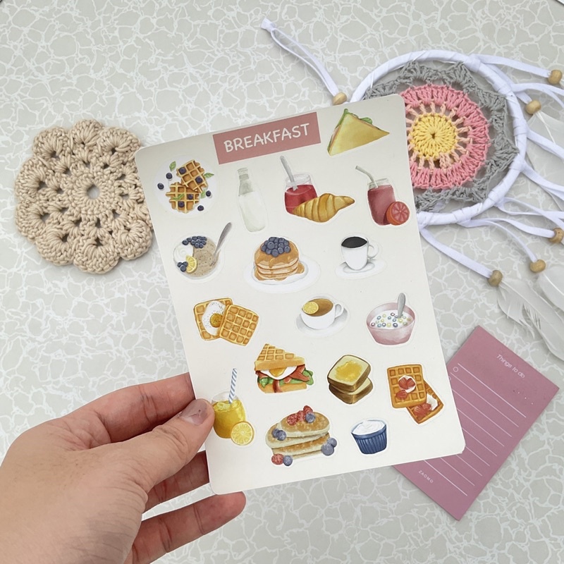 

sticker sheet a6 breakfast Edition for journal deco tumblr cute aesthetic | sticker vynil doff tema sarapan lucu buat jurnal botol tahan air waterproof