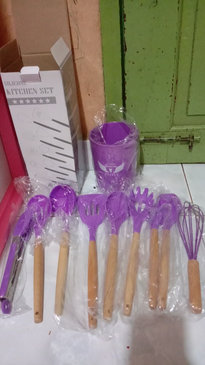 Spatula Set 10in1 Silikon Kayu Sendok Sutil Brush Penjepit Kocokan Alat Dapur Masak