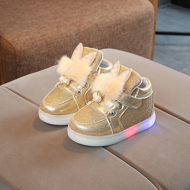 CG LED17-Sepatu LED Anak Perempuan Fur Rabbit Ear