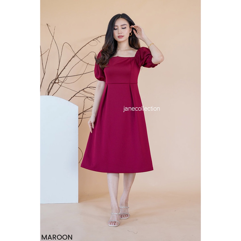 JANE COLLECTION || Midi Dress Hitam Kasual Lengan Balon Bisa dijadikan Sabrina / Square Neck Prom Night A Line Selutut Maroon Prime Scuba Night Party Pesta Kondangan OOTD Korea Pernikahan Nikah Dress Clara