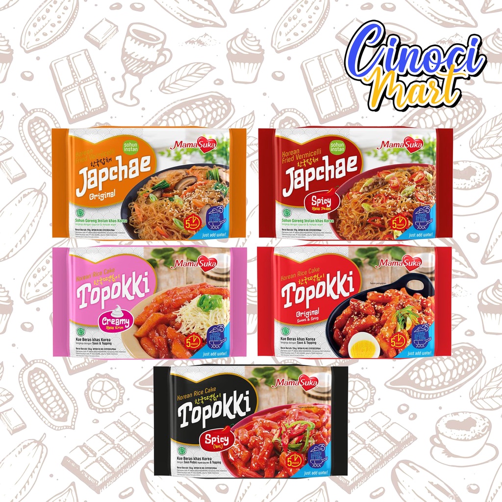 

MamaSuka KRC Topokki Original/Creamy/Spicy 134g dan MamaSuka KFV Japchae Original/Spicy 111g