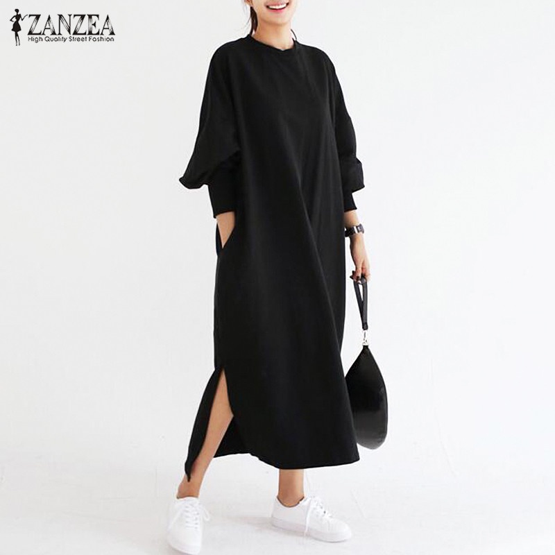 Zanzea Women Crew Neck Long Sleeve Side Pockets Split Loose Style Full Length Dress