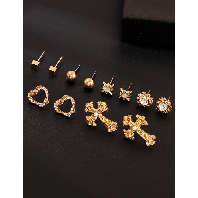 LRC Anting Set Fashion Gold Cross Love Heart Diamond Stud Earrings D22949