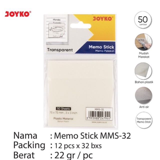

Memo Stick MMS 32 / Sticky Note bahan Plastik Transparan / Transparent MMS-32 Joyko
