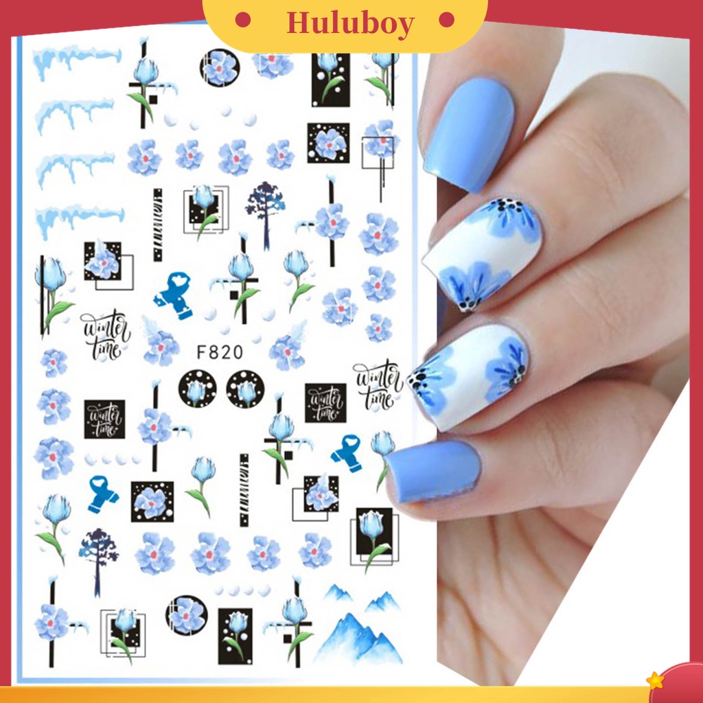 Huluboy Huluboy♡ Stiker Kuku Efek Glitter 3D Ultra Tipis Motif Daun Geometri Untuk Dekorasi Manicure