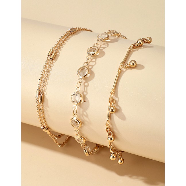 LRC Gelang Tangan Fashion Gold Color Rhinestone Bell Pendant Alloy Anklet Set P14825