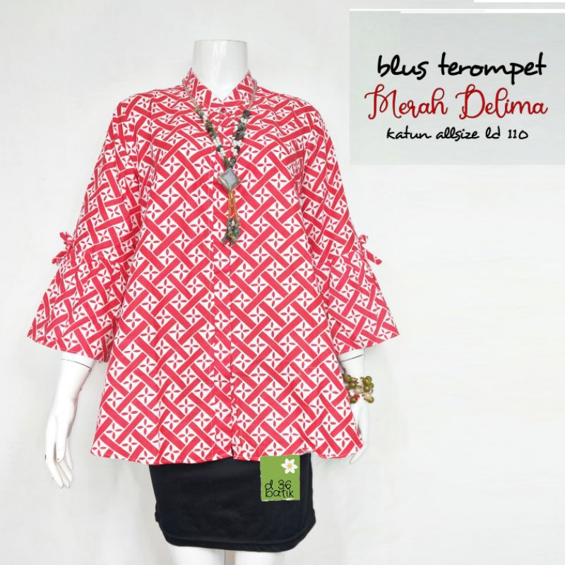 Blouse batik jumbo merah delima pakaian wanita ibu remaja baju batik cewek big size katun super kerja kuliah xxxl sekolah seragam kantor kantoran kasual formal pabrik partai kekinian terompet lonceng-H