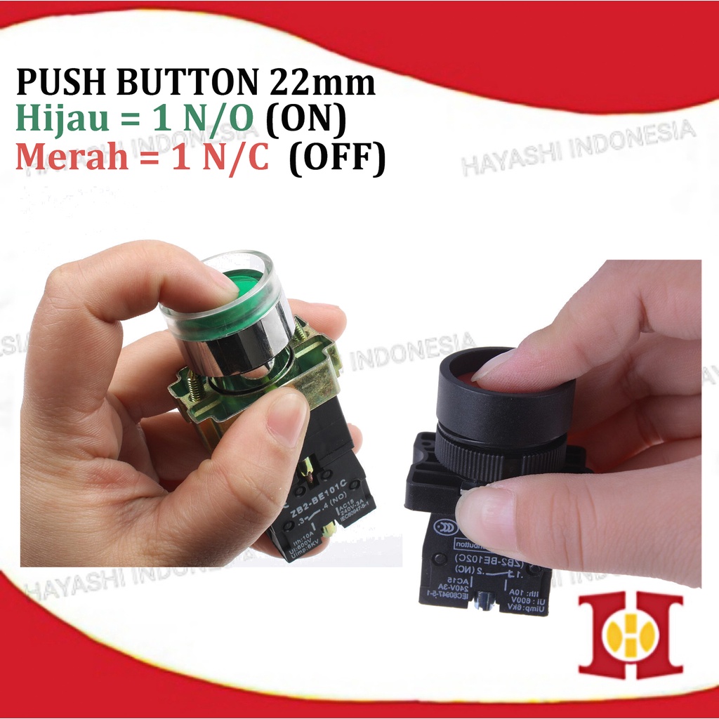 Push Button Tombol Lampu LED 22mm 25mm On Off Merah Hijau Start Stop