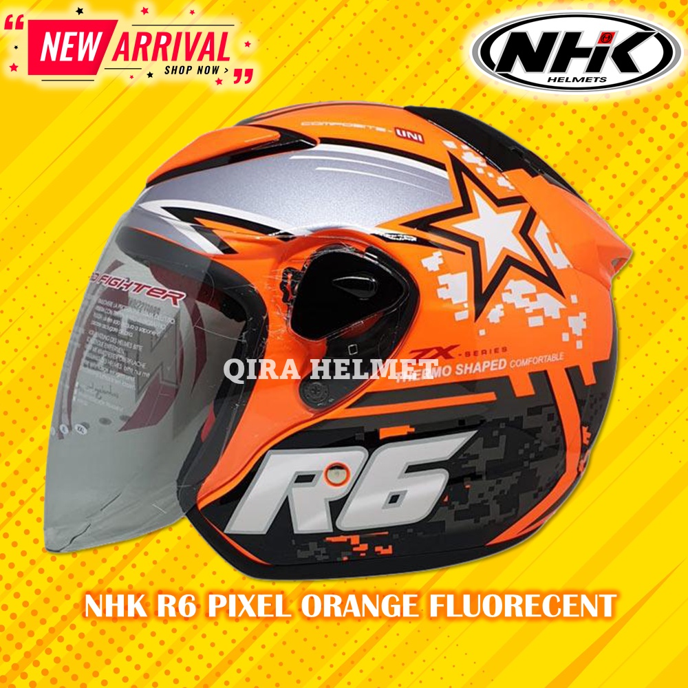 Helm NHK Helm NHK R6 Helm NHK Half Face Helm NHK R6 Motif Pixel Orange